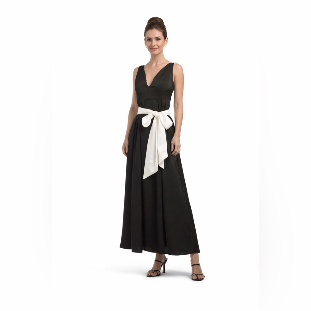 Dalia MacPhee Black Satin Tea Length Bow Dress Size L Pockets Elegant Formal